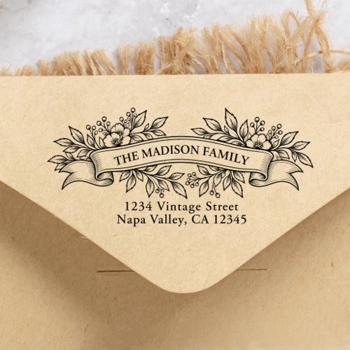 Classic French Floral Ribbon Family Return Address Self-inking Stamp