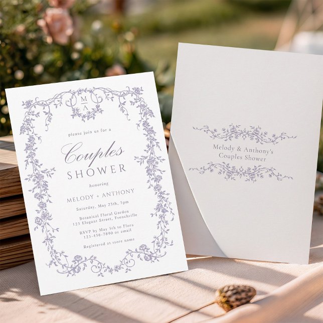 Classic French Lavender Floral Couples Shower Invitation (Front & Back)