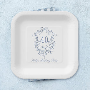 Classic French Victorian Blue 40th Birthday Party Paper Plates