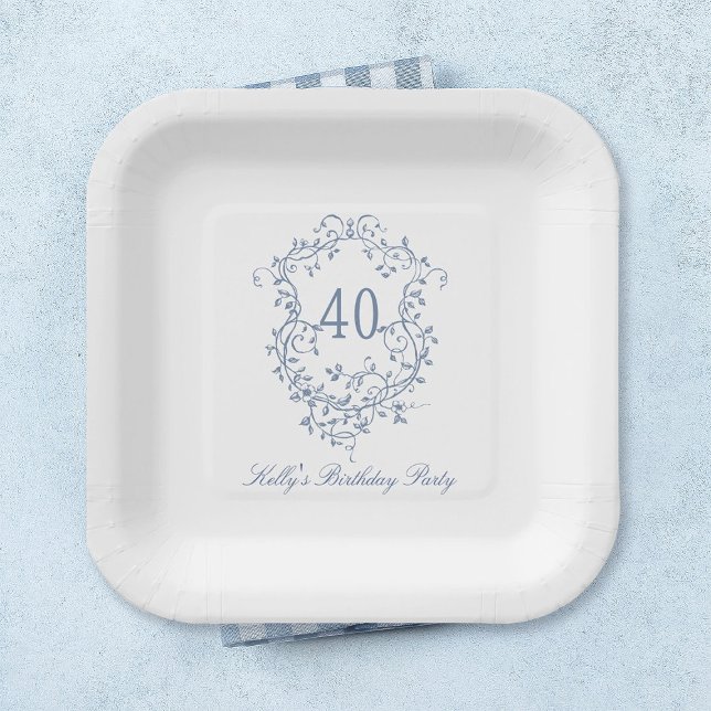 Classic French Victorian Blue 40th Birthday Party Paper Plates (Creator Uploaded)