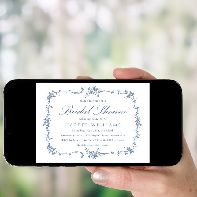 Classic French Victorian Blue Floral Bridal Shower Invitation (Front Digital)