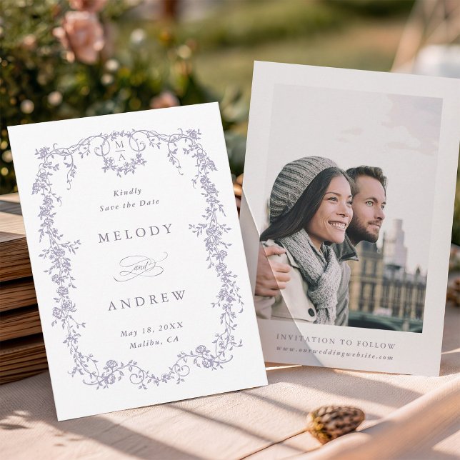 Classic French Victorian Blue Floral Wedding Photo Save The Date (Front & Back)