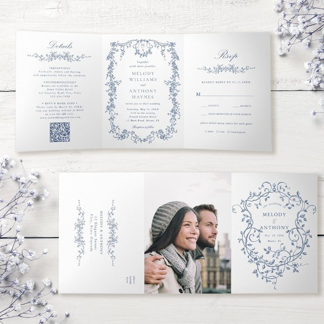 Classic French Victorian Blue Floral Wedding Tri-Fold Invitation (Inside & Outside)