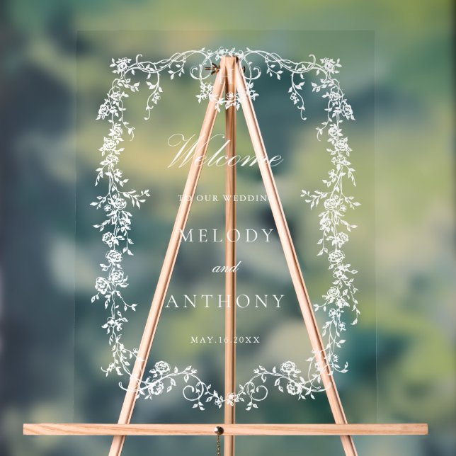 Classic French Victorian Floral Wedding Welcome Acrylic Sign (Neutral)