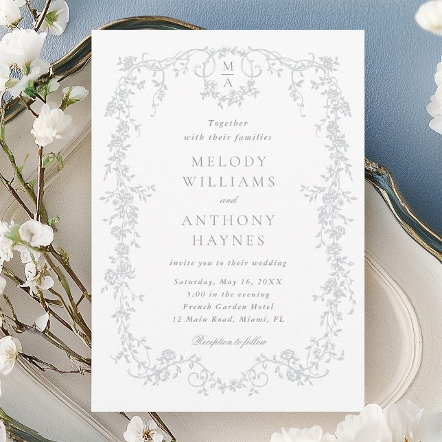 Classic French Victorian Gray Floral Wedding Invitation (Creator Uploaded)