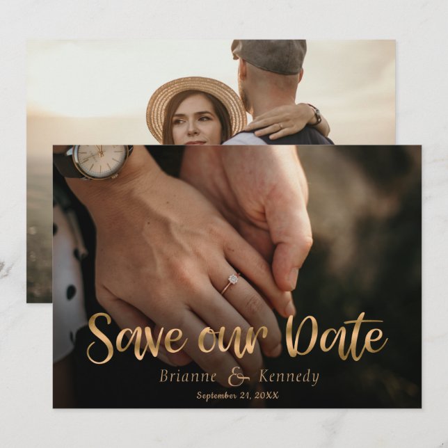 Classic Full Bleed Photo & Gold Handwriting Script Save The Date (Front/Back)