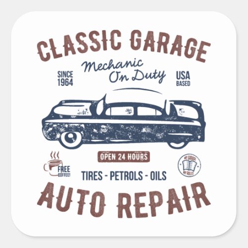 Classic Garage Auto Repair Square Sticker