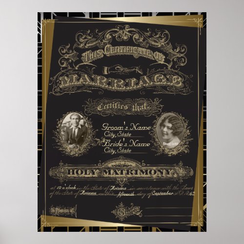 Classic Gatsby Deco Marriage Certificate Poster