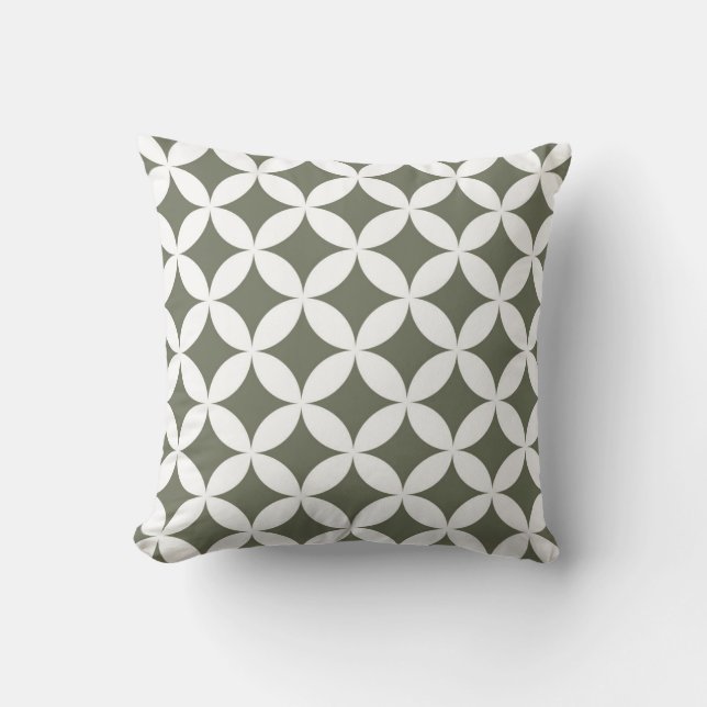 Classic Geometric Circles in Olive Green and White Throw Pillow (Front)