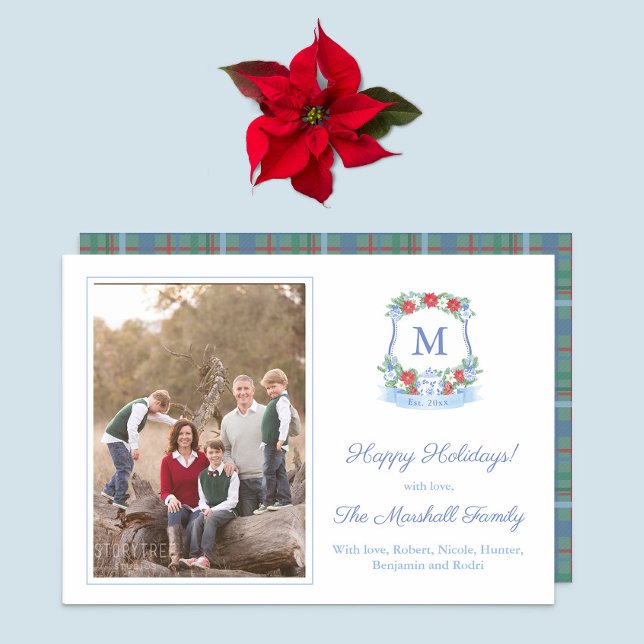 Classic Ginger Jar Red Poinsettia Merry Christmas Holiday Card (Timeless Chinoiserie Chic Christmas Card design in blue white & red with coordinating plaid reverse.)