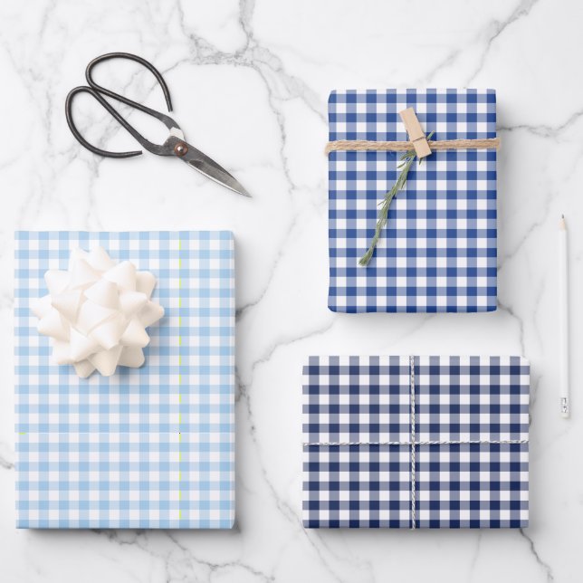 Classic Gingham 3 Blue Wrapping Paper Sheets (Front)