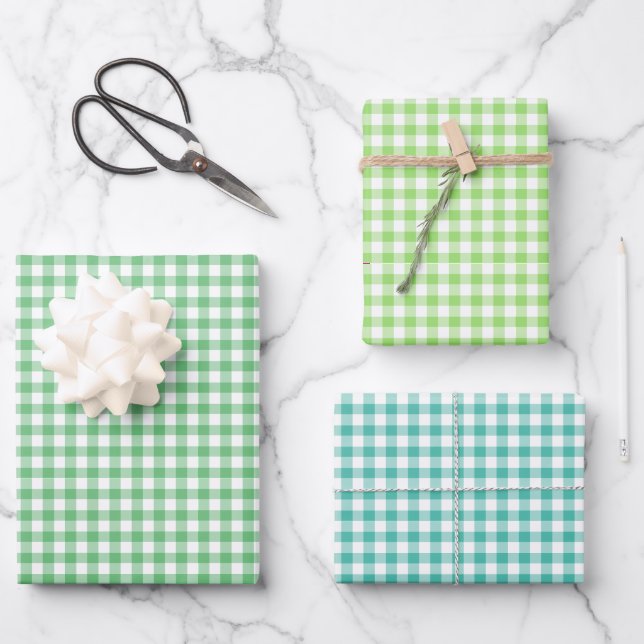 Classic Gingham 3 Green Wrapping Paper Sheets (Front)