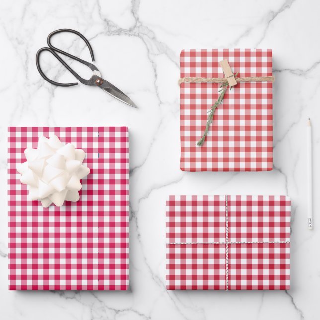 Classic Gingham 3 Red Wrapping Paper Sheets (Front)