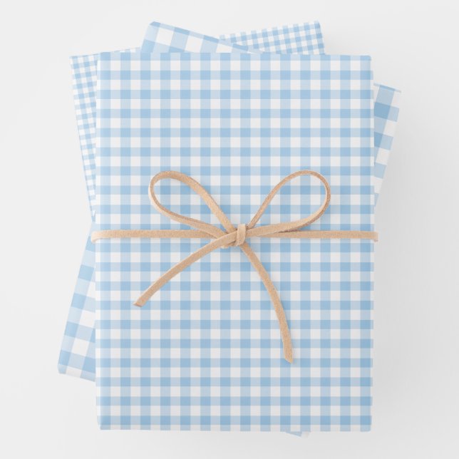 Classic Gingham Baby Blue Wrapping Paper Sheets (In situ)