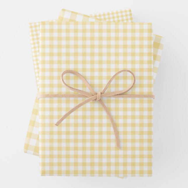Classic Gingham Canary Yellow Wrapping Paper Sheets (In situ)