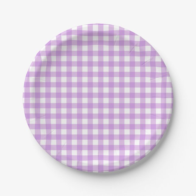 Classic Gingham Check Plaid Pattern Pastel Purple Paper Plates (Front)