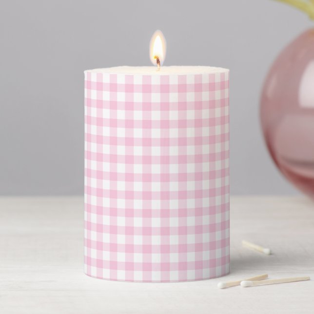 Classic Gingham Light Pink Pillar Candle (In Situ)