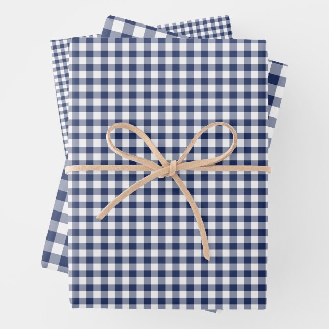 Classic Gingham Navy Blue Wrapping Paper Sheets (In situ)
