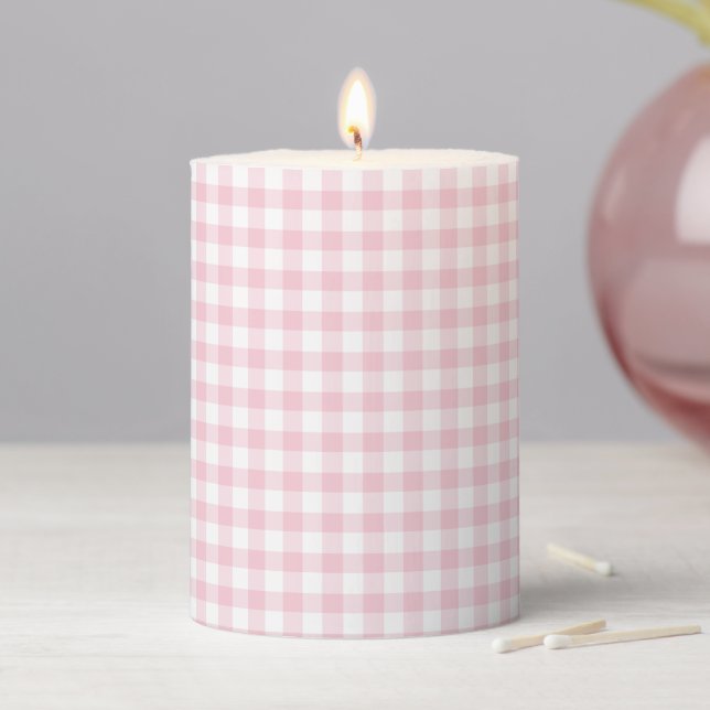 Classic Gingham Pink Pillar Candle (In Situ)