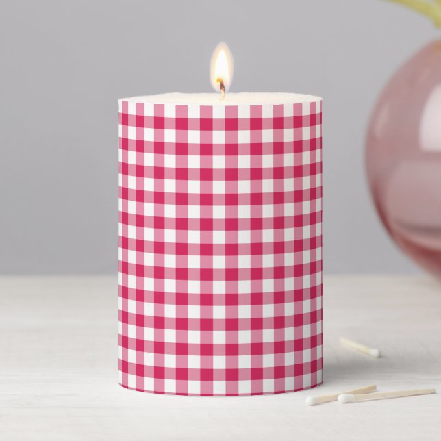 Classic Gingham Raspberry Pillar Candle (In Situ)