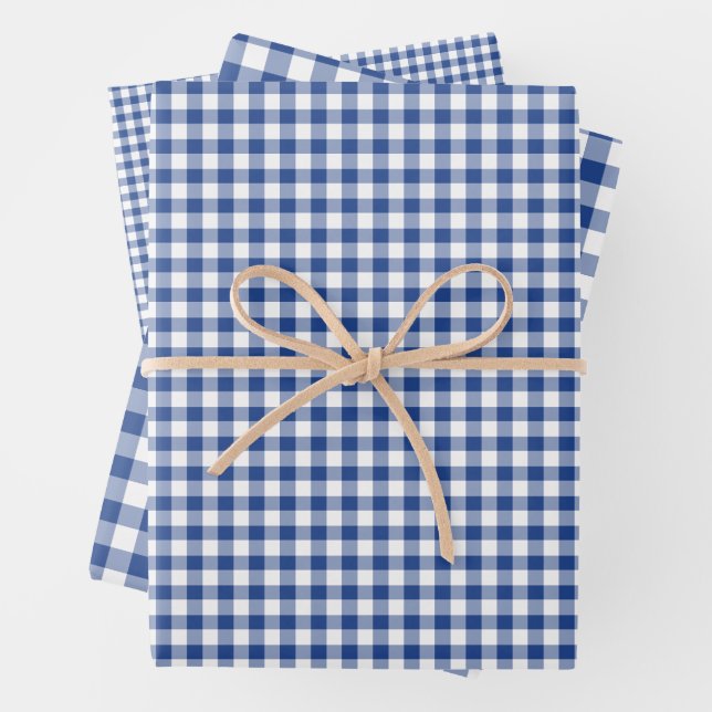 Classic Gingham True Blue Wrapping Paper Sheets (In situ)