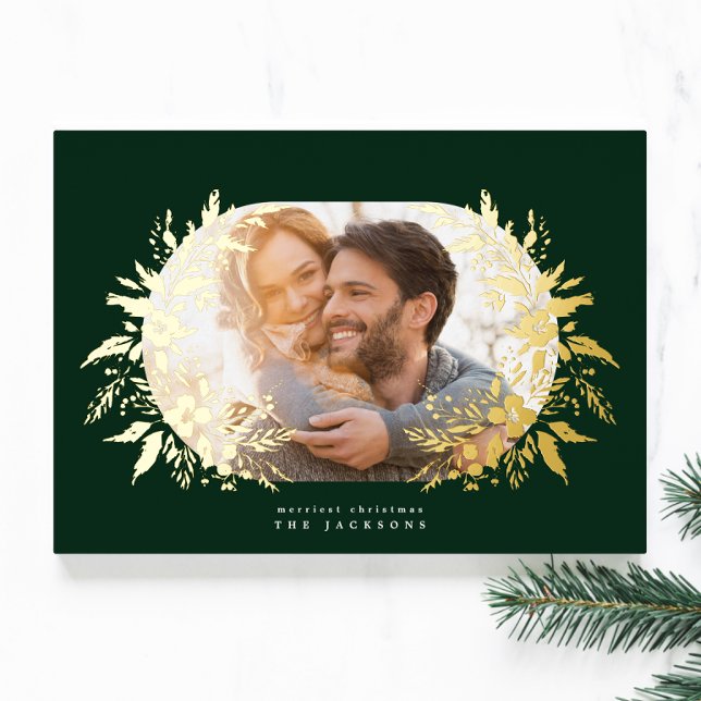 classic gold abstract christmas botanicals photo foil holiday card (Creator Uploaded)