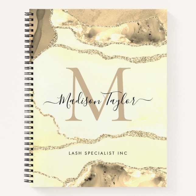 Classic Gold Agate Geode Monogram Script Name Notebook (Front)