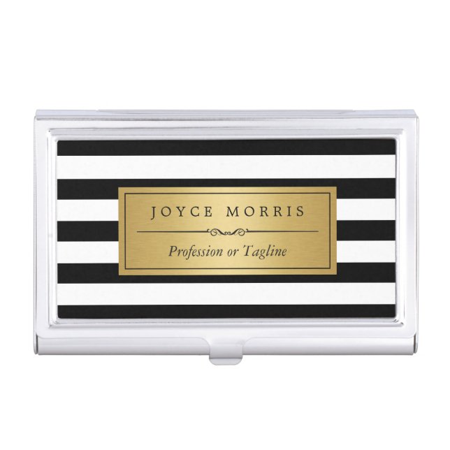 Classic Gold and Black White Stripes Personalized Case For Business Cards (Front)