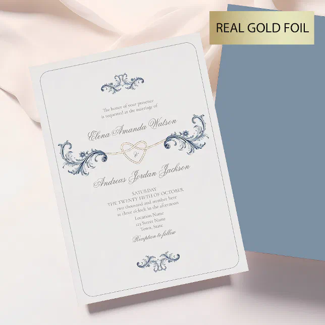 Classic Gold and Dusty Blue Wedding Foil Invitation | Zazzle