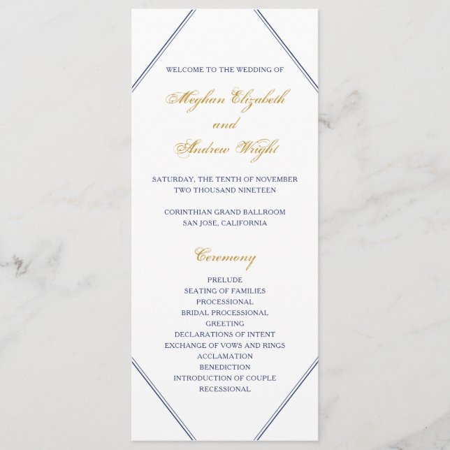 Classic Gold and Navy Wedding Program (Front)