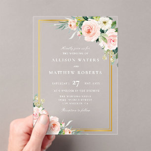 Classic gold and pink blush floral wedding acrylic invitations