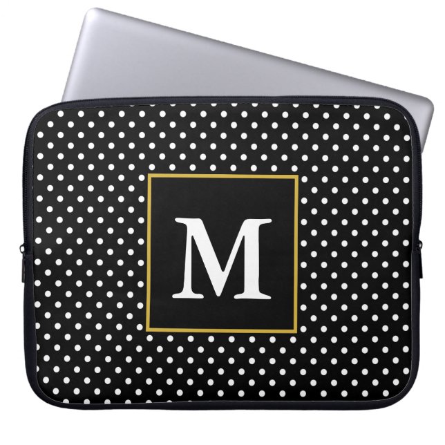 Classic Gold Black and White Dots Pattern Monogram Laptop Sleeve (Front)