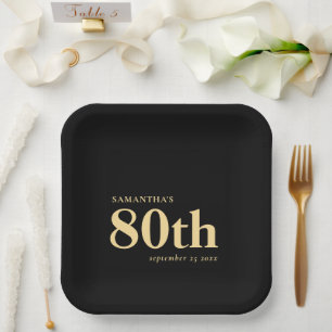 Classic Gold Black Custom Text 80th Name Date Paper Plates