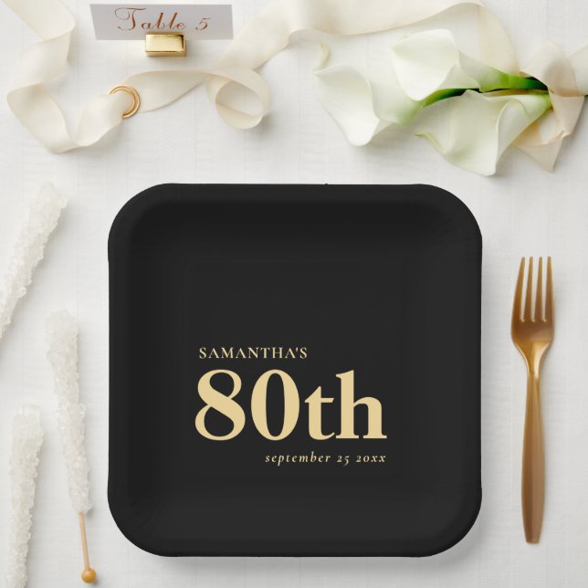 Classic Gold Black Custom Text 80th Name Date  Paper Plates (Wedding)