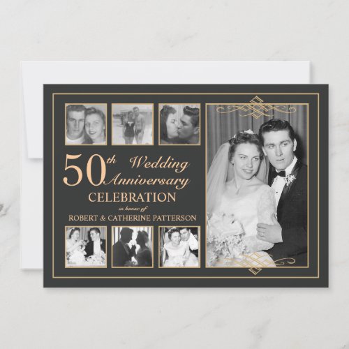 Classic Gold &amp; Black Photo Wedding Anniversary Personalized Announcement
