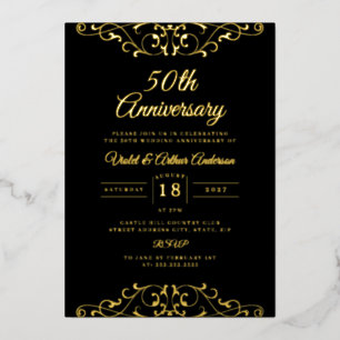 Classic Gold Black Swirl 50th Wedding Anniversary Foil Invitation