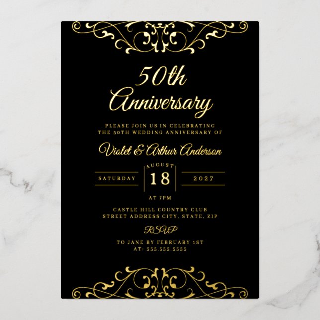 Classic Gold Black Swirl 50th Wedding Anniversary Foil Invitation (Front)