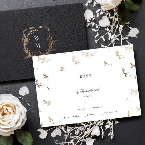 classic gold black white monogram crest wedding RSVP card