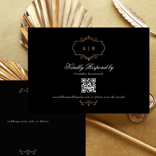 classic gold black white QR CODE wedding website RSVP Card