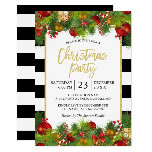Classic Gold Black White Stripes Christmas Party Invitation