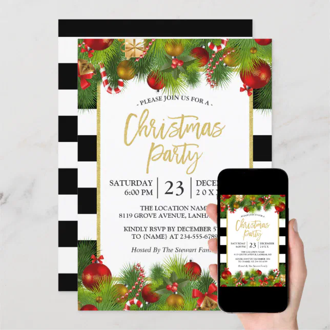 Classic Gold Black White Stripes Christmas Party Invitation | Zazzle