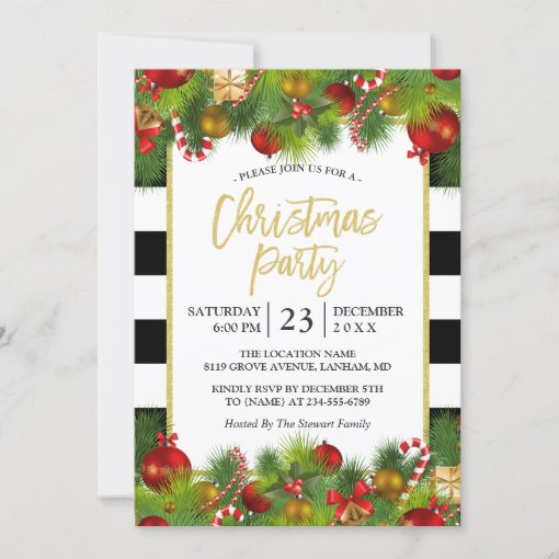 Classic Gold Black White Stripes Christmas Party Invitation | Zazzle