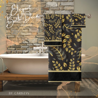 Classic Gold Bronze Leaves on Black  Bath Towel Set