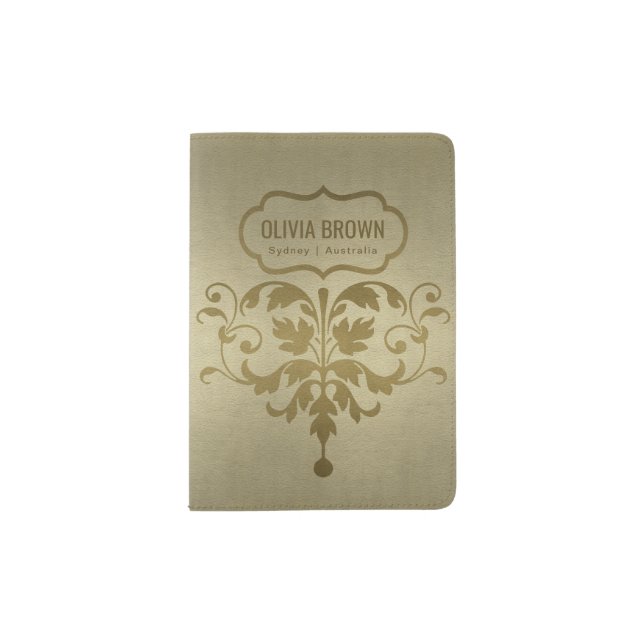 CLASSIC GOLD BROWN LEATHER MOTIF MONOGRAM PASSPORT HOLDER (Front)