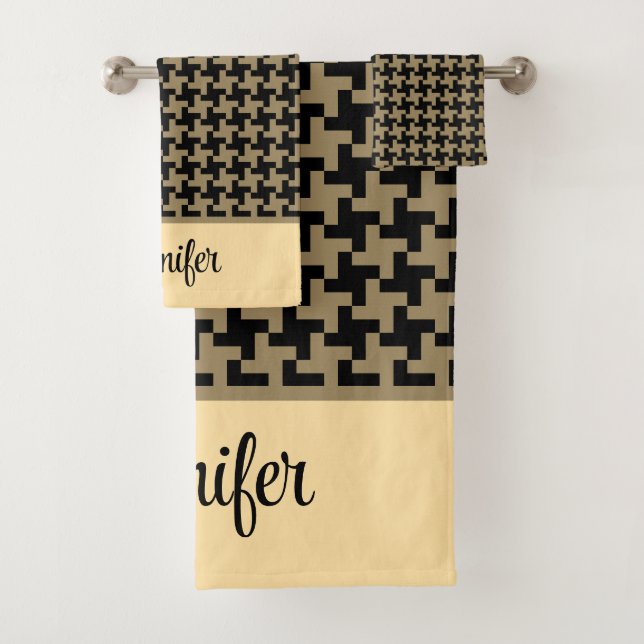 Classic Gold Brown Nailhead Pattern Personalized Bath Towel Set (Insitu)