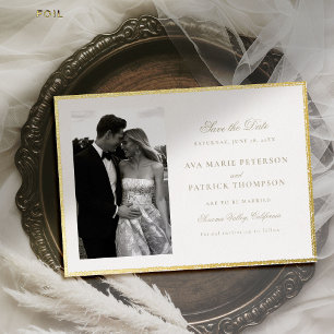 Classic Gold Brushed Frame Photo Wedding Save Date Foil Invitation