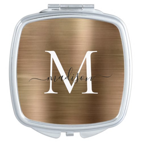 Classic Gold Brushed Metal Monogram Girly Script Compact Mirror