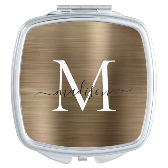 Classic Gold Brushed Metal Monogram Girly Script Compact Mirror (Front)