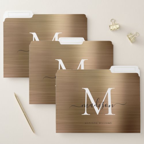 Classic Gold Brushed Metal Monogram Script Name File Folder