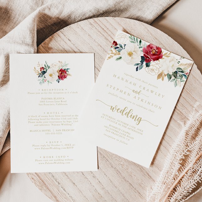 Classic Gold Burgundy Floral Front & Back Wedding  Invitation (Creator Uploaded)